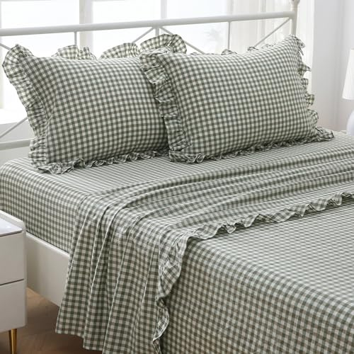 K MASANIJI Sage Green White Plaid Ruffle Sheets King Size 4-Piece Set, 300TC 100% Yarn Dyed Cotton Sheets 18 in Deep Pocket Gingham Decorative Bed Set (Sage Green/White Plaid, King)