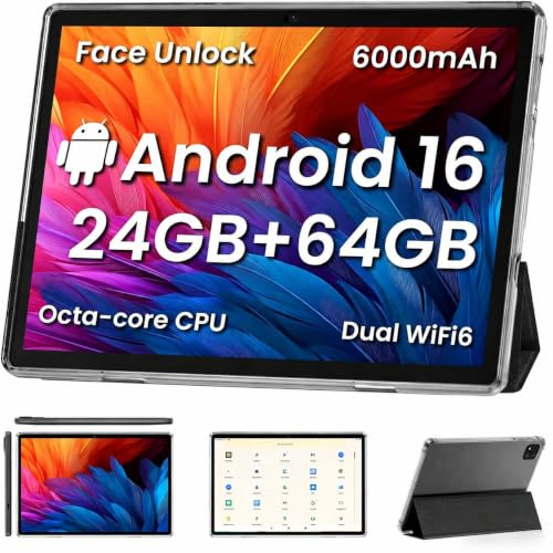 TUOHAITIME Android 15 Tablet,10 inch Tablets, Octa Core CPU, 24GB+64GB+512GB Expansion, 1280x800 Display Screen, Wi-Fi6, Dual Cameras, 6000mAh Battery,Support Widevine L1 Google Kids Space,Black