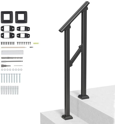 VEVOR Handrails for Outdoor Steps, 1-2 Step Stair Hand Rail Kit, Transitional Carbon Steel Railings with Installation Kit, Stair Rails for Seniors, Concrete Steps & Porch & Deck, Black Square Tube