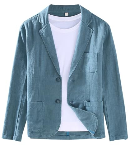 Generic Veste en lin pour homme - Bleu, XXL - Coupe ajustée - Style sportif et moderne - Pour homme, Mariage, Bleu uni, Manche longue, Col cranté, Bouton, Homme, Veste, Blazer