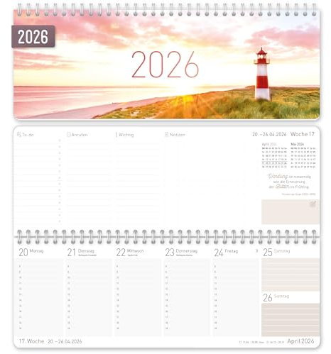 Häfft® Wochen-Tischkalender 2026 quer Leuchtturm 1 Woche 2 Seiten, Schreibtisch-Kalender mit Sprüchen, Wochenkalender 29,7 x 11,6 cm - nachhaltig & klimafreundlich