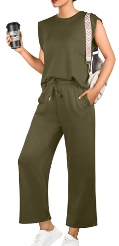 GRECERELLE Tuta estiva da donna, set completo da 2 pezzi, casual, da viaggio, girocollo, abbigliamento da salotto, top con maniche ad aletta e pantaloni lunghi con tasche, da donna UK, Verde militare