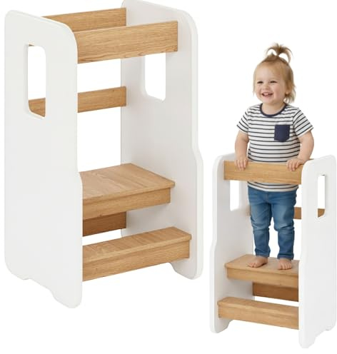 ComfortCove Montessori Lärtorn, Montessori Stol, Vit/Ek | Lärningstorn, Köksstegspall för Barn, Lärtorn, Träfotsteg, Justerbar Höjd i 3 Lägen