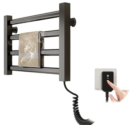 Calentador de Toallas Eléctrico Inteligente 55℃, Varilla de Secado Eléctrica y Toallero Multifuncional, Sin Perforación en Aluminio Montado en Pared en Barra de Toallas Recta (Negro)