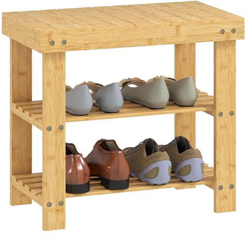 HOMCOM Panca per Scarpe in Bambù, 3 Livelli, Finitura Legno Naturale