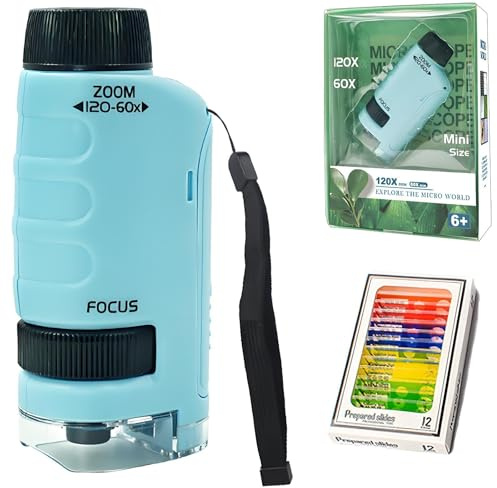 Microscopio Infantil portátil Aiwdeyi 60x-120x, Microscopio de Bolsillo Educativo con led, pequeño Alcance Infantil con láminas | Jouete Científico Niñas Niños 4-16 años