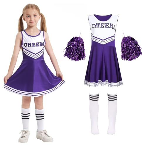 Cnexmin Cheerleader kostym för flickor cheerleader uniform cosplay kostym med pompoms ärmar kostym cheer ledare halloween karneval maskerad, 3–12 år