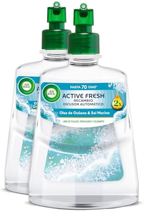 Air Wick Active Fresh Spray Automatico Sin Aerosol - 2 Recambios de ambientador para casa con Aroma a Olas de Océano & Sal Marina