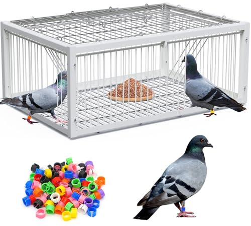 Pigeon Trap Cage with One‑Way Entry Metal Bird Catching Cage with Leg Rings | 64×44×26cm Spacious Cage, Humane Bird Capture, Rust‑Resistant, Tool‑Free Setup, Garden & Loft, 200 Pigeon ID Rings Included