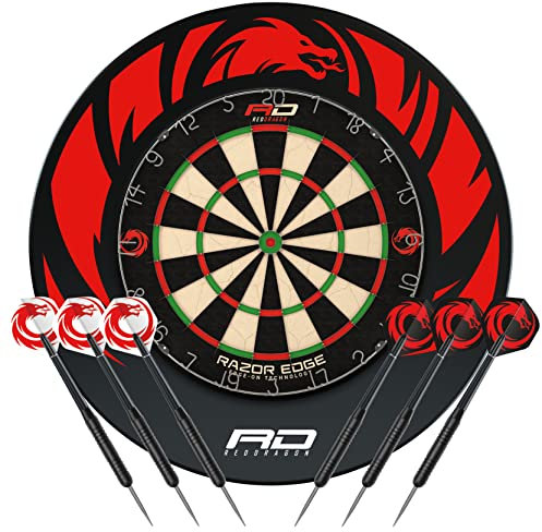 Red Dragon Razor Edge Professionelle Dartscheiben-Set – Turnier-Standard-Qualität und langlebige Drachen-Design-Einfassung mit 2 x Messing-Stahlspitzen-Dartpfeilen