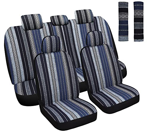 HAIYAOTIMES Baja Saddle Blanket Car Seat Covers Full Set with Seat Belt Pads, Washable and Breathable Automotive Vehicle Seat Cover, Universal Fit for Most Cars, Airbag Compatible, Blue