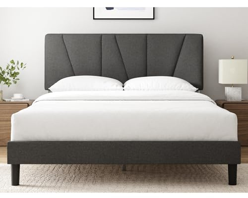 Zinus King Maya Upholstered Bed Frame with Asymmetric Headboard, Durable Wooden Slats, Sturdy Framework, Noise Free Sleep, No Box Spring Needed, Easy Assembly, Eco Friendly Packaging, Dark Grey