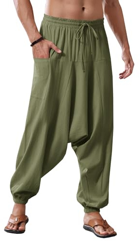 Runcati Pantalons harem pour hommes en coton baggy hippie, décontractés, en lin, pour la plage, avec entrejambe profonde, vert, M