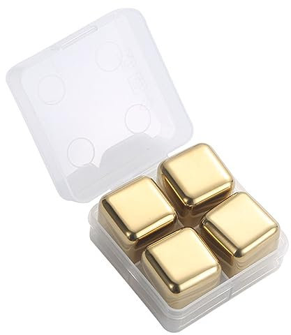 Pietre Refrigeranti Per Whisky, 4 Pezzi Grandi Pietre da Whisky Cubetti di Ghiaccio Riutilizzabili in Acciaio Inossidabile Pietre Refrigeranti Per Bevande con Pinza Per Ghiaccio in Silicone(Oro)