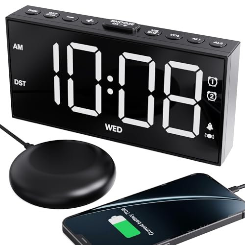 Lauter Wecker für Tiefschläfer, Vibrationswecker, 7'' Großes Display, Fette Schrift,Digital,Einstellbare Helligkeit,Doppelalarm,Snooze,USB-Ladegerät,zur Nutzung im Schlafzimmer(weiß)