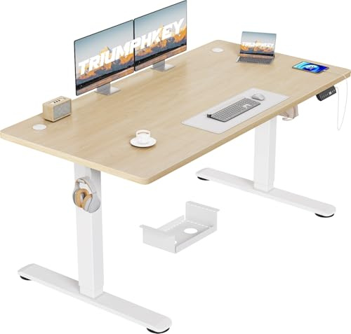 TRIUMPHKEY Scrivania Elettrica Regolabile in Altezza, 140 x 70 cm, 3 Funzioni Memoria, Porta USB, Con 2 ganci, Tavola Splice Standing desk, In Piedi Adatta Per Casa E Ufficio, Beige+Bianco
