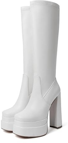 Meinabsatz Bottes extensibles à talon bloc pour femme | Bottes à talons hauts à tige longue, fermeture éclair, pour femme, en cuir lisse, bout carré. Avec fermeture éclair