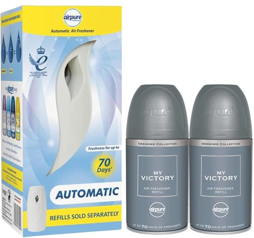 Automatic Air Freshener Dispenser with 2 x 250ml Air Freshener Refill Tins - My Victory–Refreshing Woody Fragrance Featuring Sea Salt, Cardamom, and Violet Notes for a Clean, Inviting Atmosphere