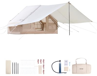 VEVOR Inflatable Tents for Camping, 3-5 Person Easy Setup Blow up Tent with Hand Pump, 300D Oxford 4 Season Glamping Tent with Canopy, Stove Jack, 2 Doors & 2 Mesh Windows (Storage Bag Included)