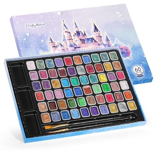 CraftyManor Mini Glitter Watercolor Paint Set, 60 Colors Shimmer Metallic Watercolour Painting Sets, Solid Pearl Water Color Paints for Adult, 1ml Trial Package