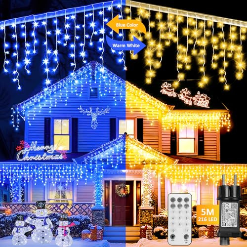 Auniq 216 LED Tenda Luminosa Esterna con telecomando, 5M Cascata Luci a ghiacciolo 11 Modalità Tenda Catena Impermeabile Luci cascata Strisce con 5m cavo, Luce per tende décoration Noël (Blu e Caldo)