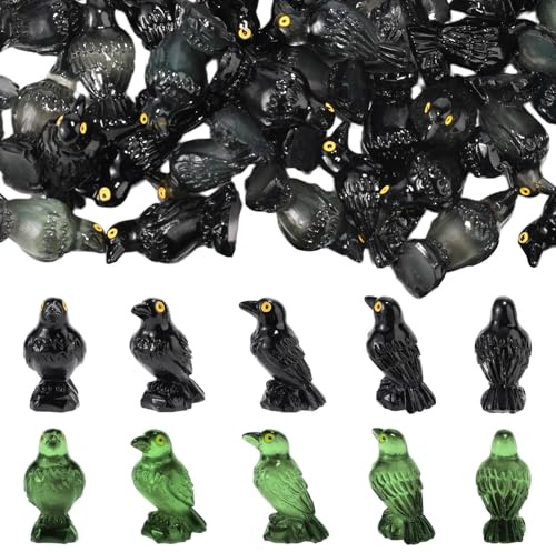 Tinoaly 50 pezzi Mini Corvi in Resina Statuine, Fluorescenti al Buio Statuine di Halloween Nere Statuette Corvo Piccoli Animali in Resina per Interni Esterni Decorazioni di Halloween