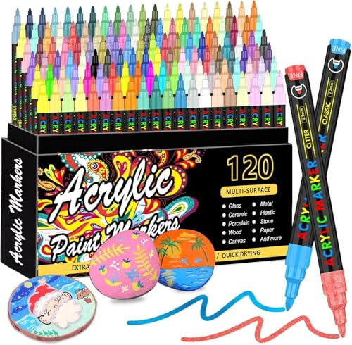 Gunsamg Acrylic Paint Pens 120 Colours, Fine Tip Acrylic Markers 0.7mm Precision Tip, Metallic Neon Glitter Shades, Multi-Surface Craft Markers for Rock Painting, Canvas, Ceramic, Wood, Glass, DIY Art