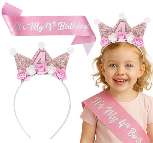 OIXEYA Conjunto de Cinturón con Corona Cumpleaños 4 Años, Corona de Cumpleaños de Rosas, Decoraciones de Cumpleaños Para Niña de 4 Años Decoraciones para Fiestas