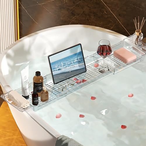 Plateau De Baignoire en Plastique,Tablette De Baignoire RéGlable,Plateau De Baignoire pour IPad Et Livres,éTagèRes De Baignoire,Accessoires De Baignoire Transparents