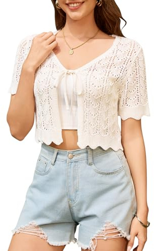 YUURQTY Gilet Femme Court en Tricot Dentelle Chic et Elégant, Cardigan Court Manches Courtes Col en V avec Lien à Nouer Devant, Boléro d'été Léger Crochet pour Robe Mariage Soirée
