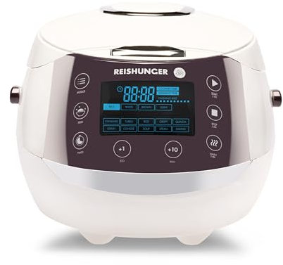 Reishunger Digital Rice Cooker and Steamer (1.5 litres for 8 people) - white - with Keep Warm Function & Timer - Incl. Premium Inner Pot - Multi Cooker with 12 Programmes & 7-Phase Technology