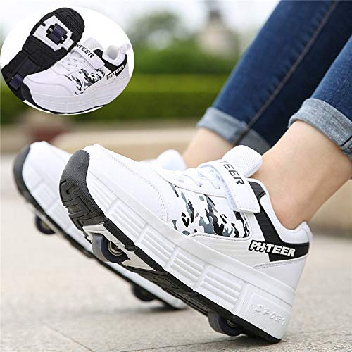 NNN Sportschuhe Skateboard Outdoor Gymnastik Turnschuhe Jungen Mädchen Freizeitschuh Schuhe Mit Rollen Drucktaste Einstellbare Skateboardschuhe Für Kinder Mädchen Junge Erwachsene,White1-36…