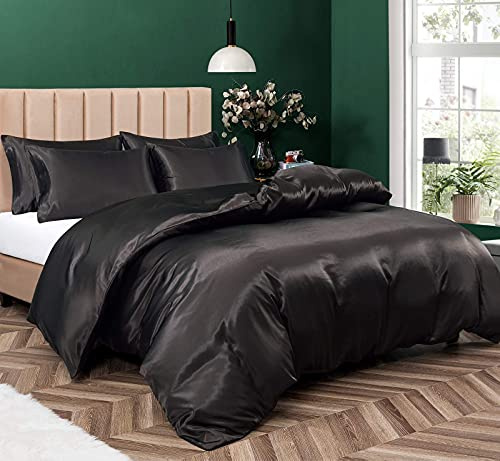 P Pothuiny Juego de Funda de edredón de satén de 5 Piezas, tamaño matrimonial/Queen, Juego de Ropa de Cama de Lujo Sedoso como Negro, con Cierre de Cremallera, 1 Funda de edredón + 4 Fundas de
