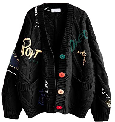 Women's Cable Knit Long Sleeve Open Front Cardigan Sheep V-Neck Button Down Embroidery Wool Blend Sweater Coat Outwear (M,Black)