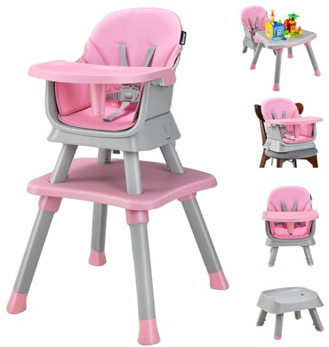 Maxmass 6 in 1 Convertible Baby High Chair, Highchair Converts to Table & Chair Set, Infant Feeding Chair with Harness, Removable Tray, High Chairs for Babies Toddlers (Pink, 58x58x98cm)