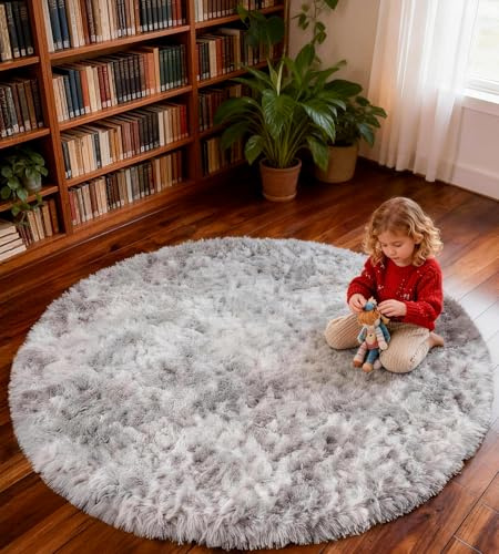 ROHATIM Teppich Rund 100 cm Hellgrau Waschbar Rutschfester Runder Hochflorteppich Wohnzimmer Kinderzimmer Schlafzimmer Flauschig