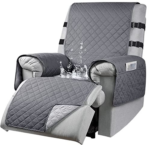 aolceth Recliner Chair Cover with Side Pockets, Slipcover 2 Elastic Straps, Non-Slip Armchair Protector for Families Pets/Kids, Washable Sofa Cover, Dark Gray