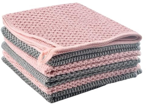 6 Stück Mikrofaser Reinigungstücher -30x40cm- Superweiche Putzlappen Premium Spültücher Maiskern Geschirrtücher Stark saugfähige, Allzweck Putztücher Grau & Rosa für Auto/Küche/Glas (Kordelzug Stil)