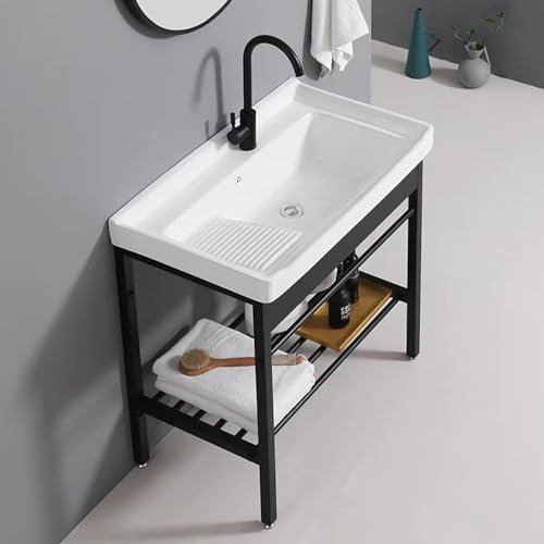 Lavandino In Ceramica Bianco, Lavabo Autoportante Con Rubinetto, Lavatoio Con Piedistallo Supporto In Acciaio Inossidabile, Lavello Per Lavanderia, Per Lavanderia, Ripostiglio, Garage, Cantina (80cm)