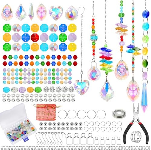 UXORSN Sonnenfänger Kristall 460 Stück Suncatcher Machen Set Bastelset Erwachsene Bunten Kristallen Perlen zum Auffädeln Regenbogen Anhänger Hängend Windspiel für Fenster Garten Party Hochzeit Dekor