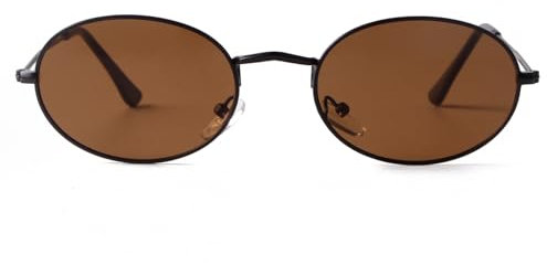 Laurinny Retro Oval Sonnenbrille für Damen Herren 90er Vintage Ovale Hippie Brille für Männer Frauen Metallrahmen Runde Sonnenbrillen(Schwarz/Braun)