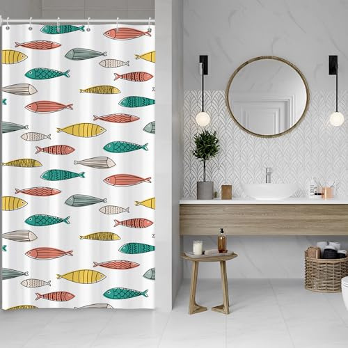 ASDCXZ Fisch Duschvorhang 120x200 cm, Gelb Grün Rot Ozean Bunt Fisch Anti-schimmel Bad Waschbar Schmal Duschvorhänge Polyester Textil Wasserdicht Duschvorhang für Badewanne mit 8 Haken