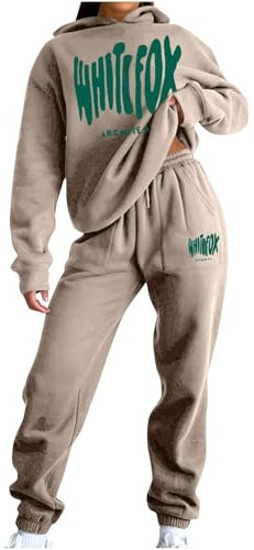 NSICBMNO Beige Tracksuit Womens Full Set Jogging Suits Hoodie Tracksuit Two Piece Outfit Oversized Sweatshirts Jogging Pants With Pockets Lounge Outfits Casual Co Ord Sets Gym Activewear Streetwear