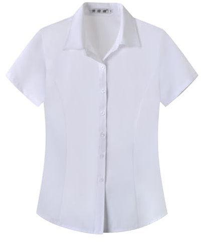 Womens Work Short Sleeve Blouse Shirts Ladies Formal Office Premium Shirts Cotton Reverse Collar Button Down Blouse Plain Easy Care Non-Iron Slim Fit Workwear White