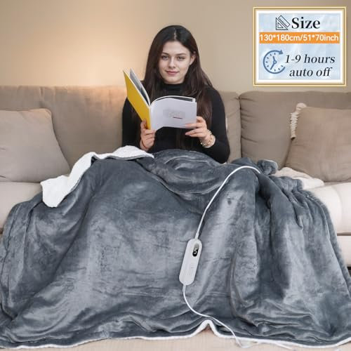 Qoosea Heizdecke mit Abschaltautomatik 180 * 130cm Elektrische Heizdecken Heizkissen Weiche Flanell-Heizdecke mit 9 Zeiteinstellungen 9 Wärmeeinstellungen Überhitzungsschutz Waschmaschinenfest (Grau)