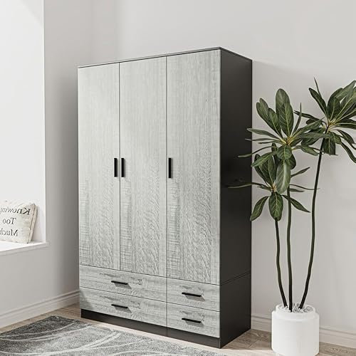 URBNLIVING Modern 3 Door 4 Drawer Wardrobe with Hanging Rail, Bedroom Furniture, Storage Shelf Clothes Organiser Stylish Design, Ample Storage Solution