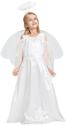 IKALI Ängelkostym barn, jul, krubba, fin klänning, outfit, flicka, rollspel, vit ängel, klänning för jul, karneval, fest med vingar, 10–12 år
