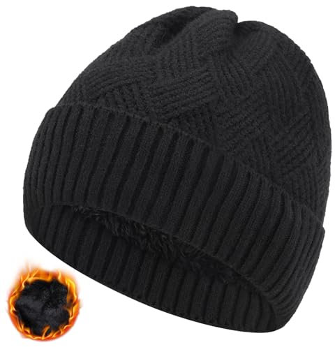 BARFULKER Beanie Mütze Damen Herren, Winter Beanie Mütze Warme Wintermütze Thermo Dehnbare Strickmützen Bequem Wollmütze Winddichte Laufmützen Warmem Futter Geschenk Unisex (Schwarz)