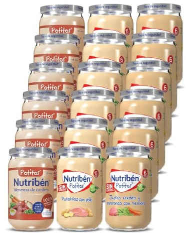 Nutribén Pack de 18 Menestra de cordero | Pollo con patatitas | Judías verdes y zanahorias con ternera | Sin Azúcares Añadidos - Sin Gluten, Huevo, Leche - Desde los 6 Meses - 18 x 235gr