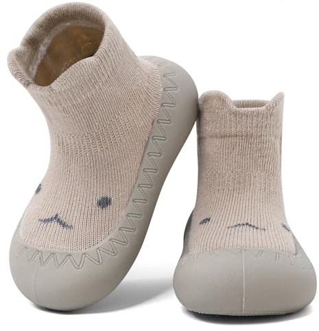 LACOFIA Zapatos Primeros Pasos Calzado Bebé Niños Niñas Calcetines Antideslizantes Bebé con Suela de Goma Caqui 6-12 meses